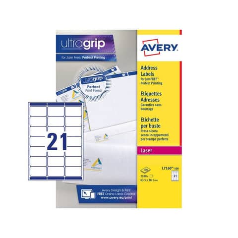 Etichette bianche per indirizzi AVERY Ultragrip™ 63,5x38,1 mm - 21 et/foglio stampanti laser cf. 100 fogli L7160-100